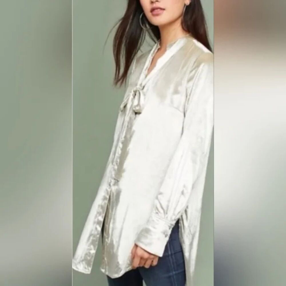 Silvery Satin Tie-Neck Button-Down Blouse
